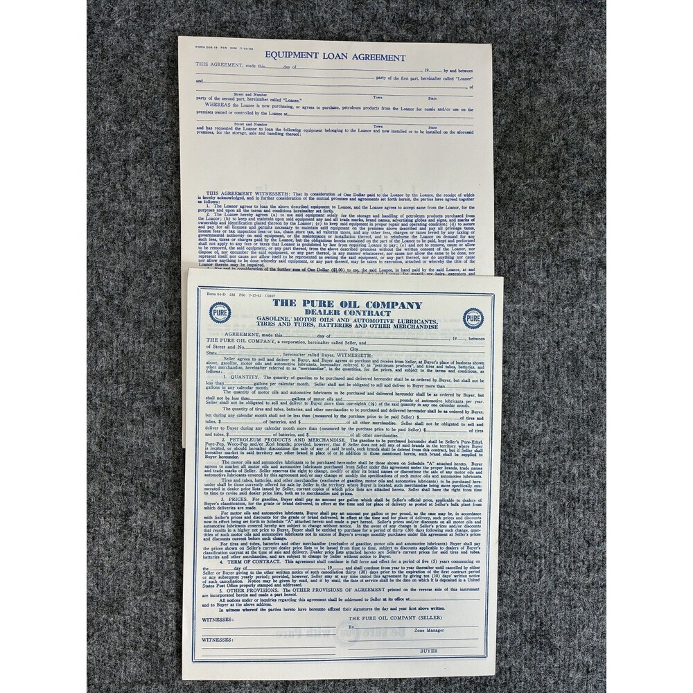 Vintage The Pure Oil Company Dealer Contract & Equipment Loan Agreement Forms